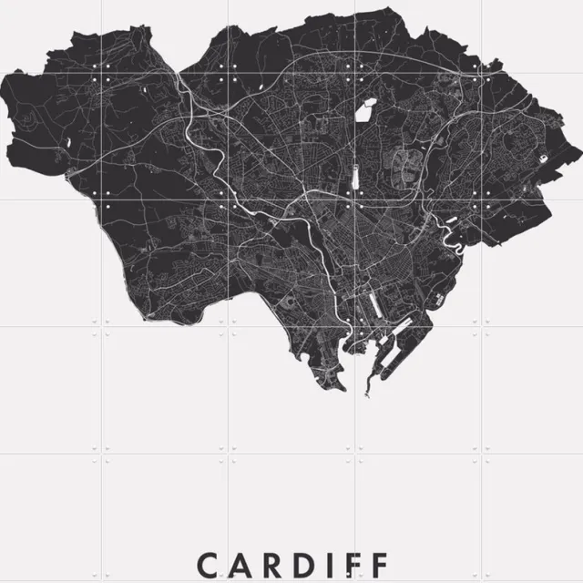 IXXI Cardiff City Map, Kunst in Kaart - 100 x 140 cm - Grote wanddecoratie en posters - Minimalisme, Technische Tekening, Grafisch Ontwerp Zwart en wit / Monochroom / Zwart