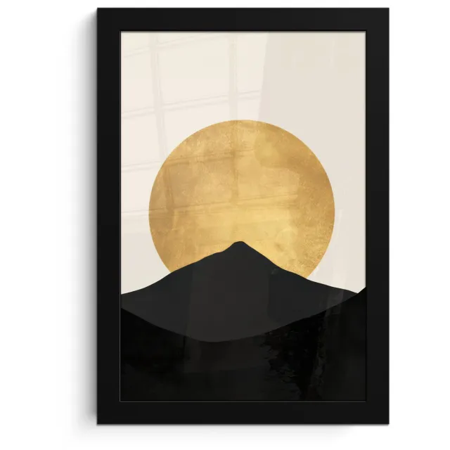 FrameYourWall Poster in lijst - Fotolijst 20x30 cm - Posters - Bergsilhouetten - Gouden cirkel - Beige - Posterlijst zwart - Decoratie - Wanddecoratie woonkamer - Muurdecoratie slaapkamer Bergsilhouetten - Cirkel