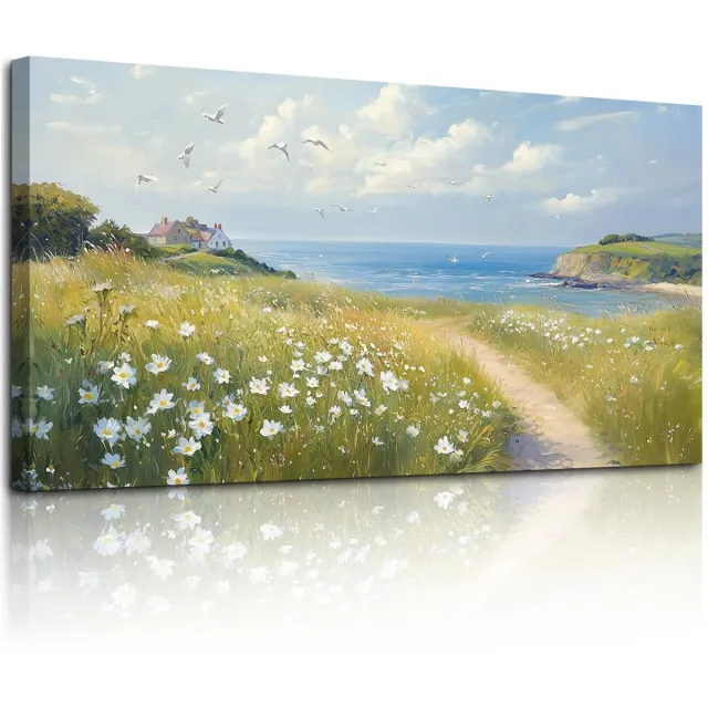 Ibenzoa Moderne grote canvas wanddecoratie met kustlandschap, 50 x 100 cm, voor diverse ruimtes groen