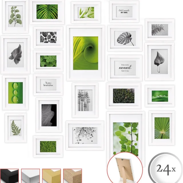 bomoe Nature Set van 24 Fotolijsten Houten Picture Frames - 10x 10,5x15cm / 8x 13x18cm / 4x 15x20cm / 2x 20x30cm - kunststof glas Fotolijst van Hout - Metalen Ophanging - Standaard & Passepartout - Wit