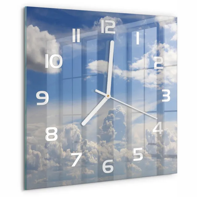 TULUP Wandklok - Wolken aan de hemel Wandklok Glas Met Motief - 30x30 cm - Blauw Decoratieve Glazen Klok - Witte handen - Vierkante Klok - Gekleurde Glazen Klok - Glazen Klok Met Print