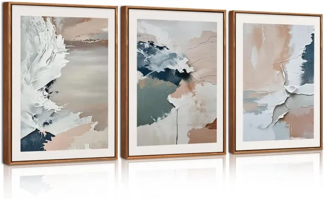 Unyqoos Set van drie abstracte canvas kunstwerken in pastelkleuren voor elk interieur blauw-roze