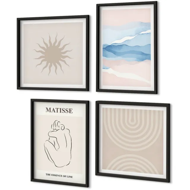 Coloray 4-Delige Schilderij Set - Lijnen En Golven In Pasteltinten Met Een Minimalistisch Accent. - 40 x 40 cm En 40 x 60 cm - Muurdecoratie - Schilderijen Set - Woonkamer - Decoratieve Schilderijen Zwarte lijst