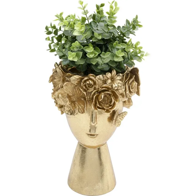 Unyqoos Gouden decoratieve vaas met gezichtsmotief voor moderne interieurs, Vaas, Goud, Kunststof, 31cm