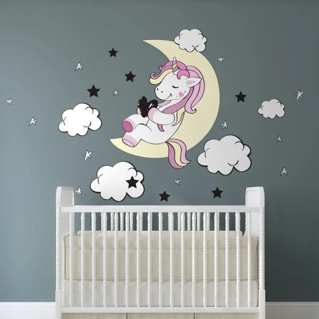 Ambiance Sticker Muurstickers - Eenhoornvriend van de Maan en de Sterren - Zelfklevende stickers - 150x100cm Multi color