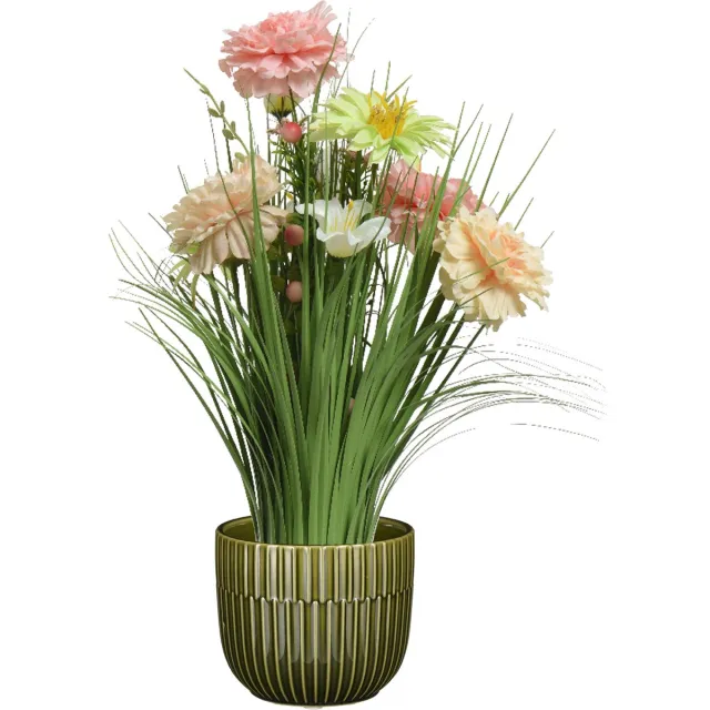Everlands Kunstbloemen boeket roze - in pot groen - keramiek - H40 cm