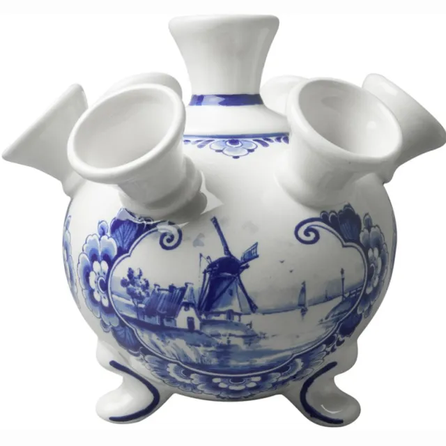 Heinen Delfts Blauw Tulpenvaas op pootjes - Molen - 17 cm delfts blauw