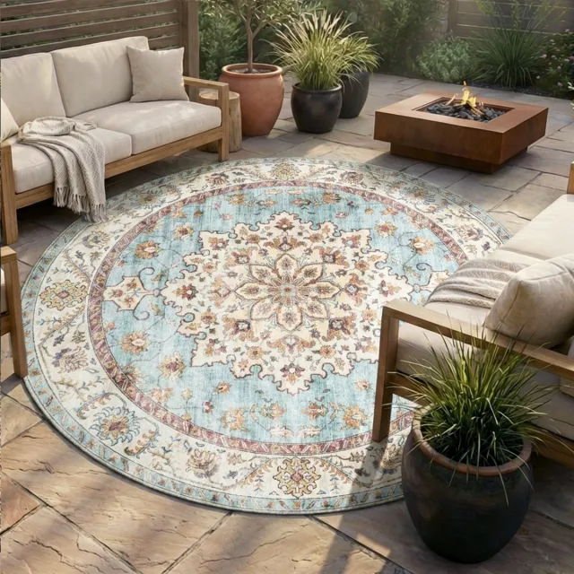 Fraai Rond vintage buitenkleed - Santo Medaillon Lichtblauw - Ø 160cm