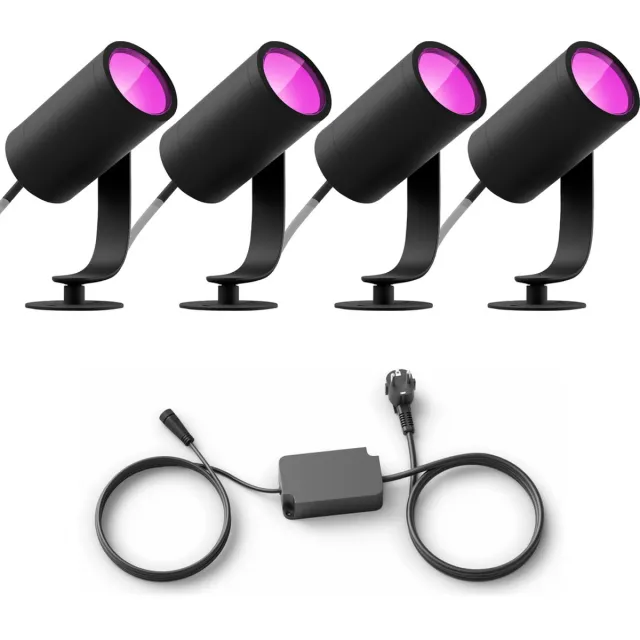 Philips Hue Lily Basisset Voordeelpakket van 4 Tuinspots (Antraciet) - Wit en Gekleurd Licht - Incl. 1 Voedingskabel - Tuinverlichting - Hue White and Color Ambiance Zwart