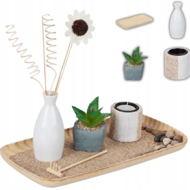 Świecznik Ogród Zen4 Zen Tuin Decoratie Set met Kandelaar en Sukkulent Beige