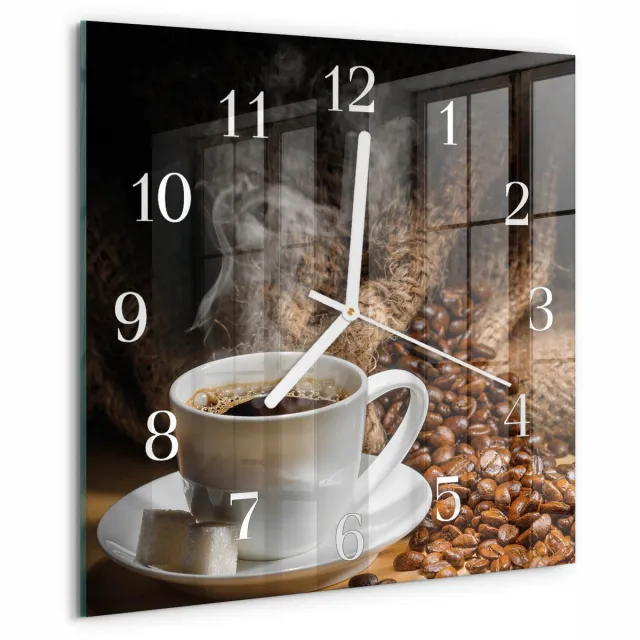 TULUP Wandklok - Koffie Glazen Wandklok Design - 30x30 cm - Bruin Klok Glas Met Opdruk - Witte Handen - Vierkante Wandklok - Wandklok Glas Met Motief - Decoratieve Glazen Klok Bruin - Koffie