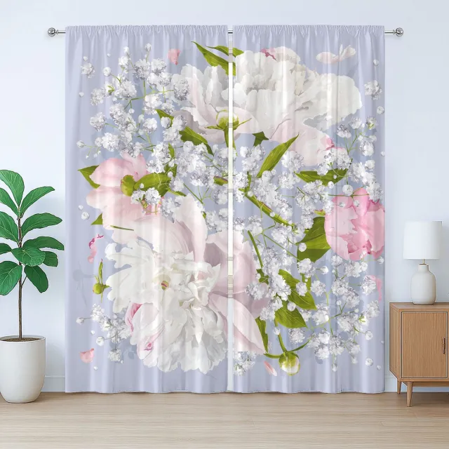 ABAKUHAUS Rustiek bloemengordijn, bruidspioenbladeren, met lussen en haken voor de woonkamer, 280 x 175 cm, lichtblauw