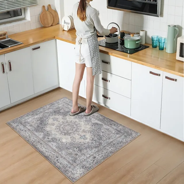 De Groen Home Vloerkleed 80x120cm - VINTAGE COLLECTIE - Keukenloper - Halloper - Deurmat - Wasbaar Antislip Zacht Tapijt Grijs