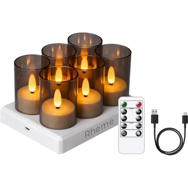 Rheme Waxinelichtjes Oplaadbaar - 6 Stuks Led Kaarsjes - Theelichtjes met Vlam - Oplaadstation - Inclusief Afstandsbediening en Kabel - Rheme Wit