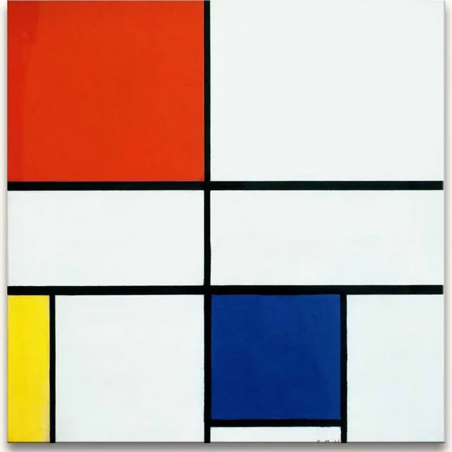 Grootmeesters ® Handgeschilderd schilderij Olieverf op Canvas - Piet Mondriaan - Compositie in Rood, Geel en Blauw rood, geel, blauw, wit, zwart