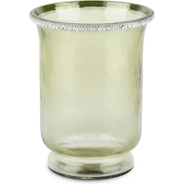 dekoratief Windlicht in groenachtig transparant glas met zilverkleurige diamantjes bovenaan