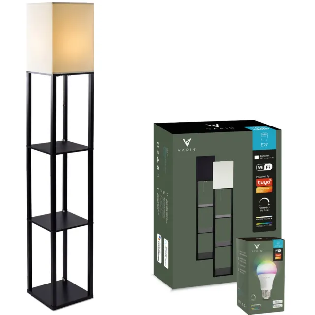 Varin Vloerlamp met vakken - Zwart - Met E27 Led lamp - Dimbaar - Witlicht RGB - Smart Lamp - Tuya wifi - Slimme staande lampen - Sfeerlamp - Vakkenkast - Lamp industrieel - Daglichtlamp - Vloerlampen - Verlichting woonkamer, keuken en slaapkamer