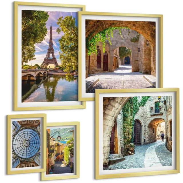 TULUP 5-Delige Schilderij Set - Betoverende uitzichten op Europese steden en architectuur - 50 x 50 cm, 20 x 30 cm en 40 x 60 cm - Stijlvolle Muurdecoratie - Kantoor Gouden lijst