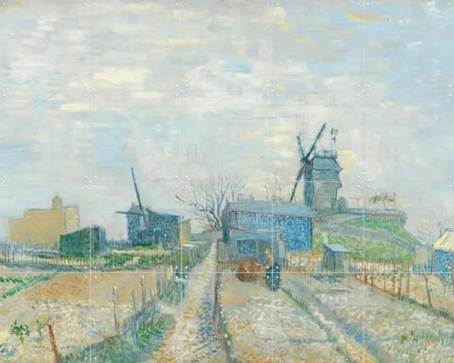 IXXI Montmartre: molens en moestuinen (1887), Vincent van Gogh (1853 - 1890) & Van Gogh Museum - 100 x 80 cm - Grote wanddecoratie en posters Lichte tinten / Blauw
