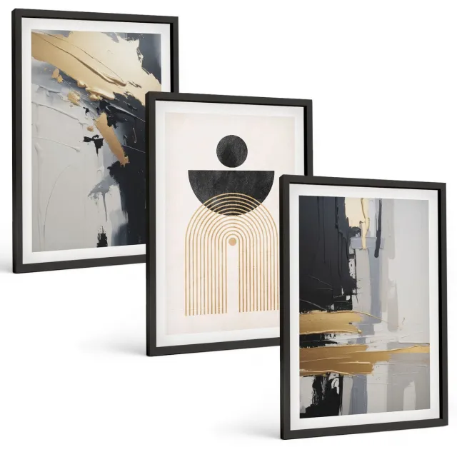Coloray 3-Delige Schilderij Set - Geometrische Abstracte Elegante Compositie - 40 x 60 cm - Wanddecoratie - Muurdecoratie - Moderne Interieurdecoratie - Moderne Wanddecoratie Zwarte lijst
