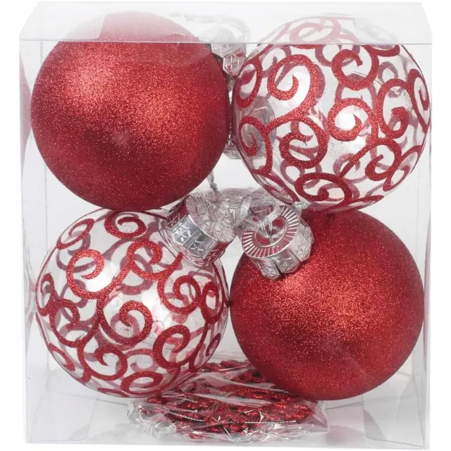 Famanu Set van 8 grote onbreekbare glitter sneeuwballen en sneeuwvlokken - kerstornamenten - duurzaam materiaal - feestelijke decoratie voor kerstboom en interieur - eenvoudig op te hangen Rood