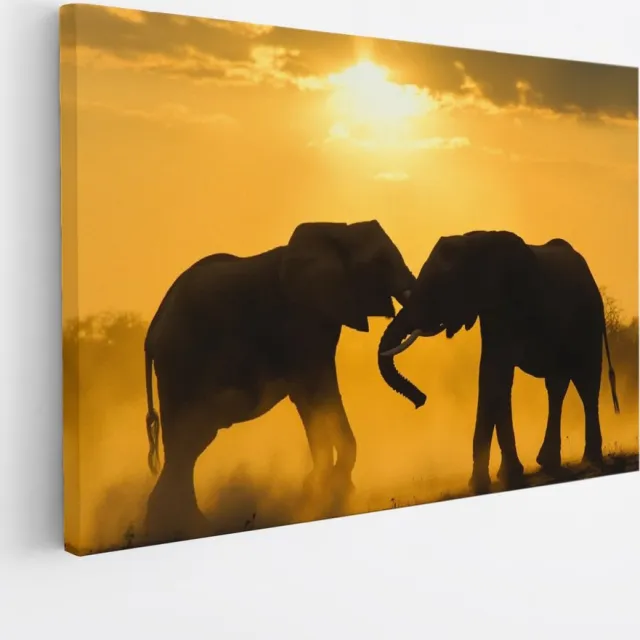 Saammp Canvas Schilderij - 2 Spelende Olifanten tijdens zonsondergang - Dieren - 45x30 - Foto op canvas - Wanddecoratie - muurdecoratie Woonkamer - Slaapkamer decoratie - Canvas Print Multicolor