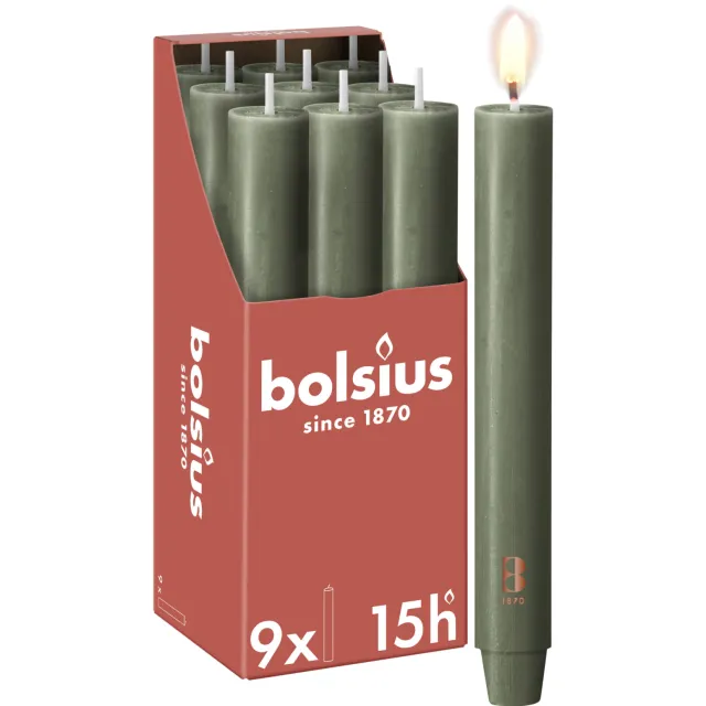 Bolsius brede dinerkaars (Ø3x23 cm) (set van 9) groen