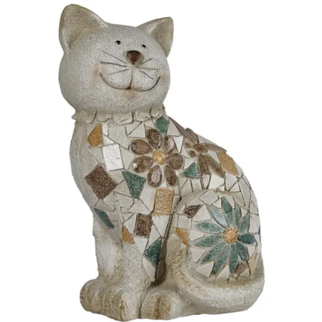 mmdeco Tuinbeeld Poes Kat creme-grijs- 34 cm hoog mozaïk bloemen groen- geel - bruin -steen
