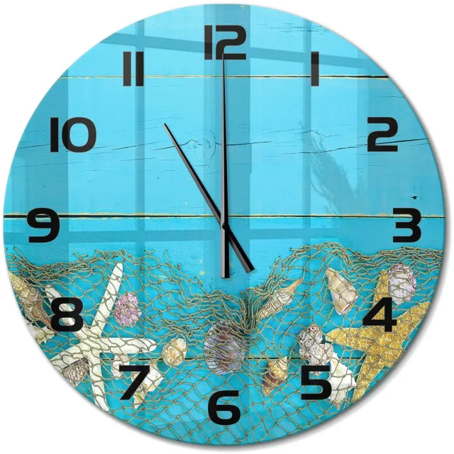 TULUP Wandklok - Zeesterren en schelpen Gekleurde Glazen Klok - fi60 cm - Blauw Glazen Klok Met Print - Zwarte handen - Ronde Klok - Moderne Wandklok Glas - Wandklok Glas Decoratie