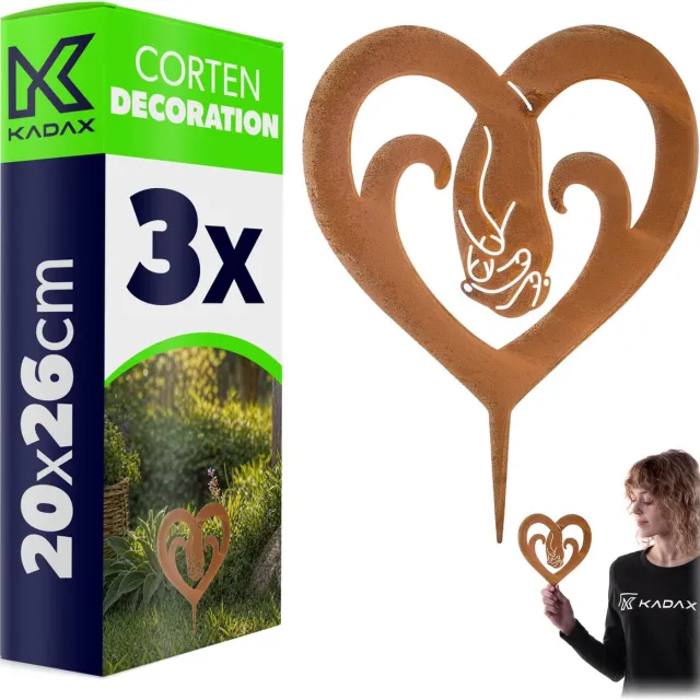 KADAX tuinplug hart van cortenstaal, 20 x 26 cm, 3 stuks, roestdecoratie voor buiten, roestvrijstalen tuindecoratie om in te pluggen, vintage tuindecoratie, metalen roestplug