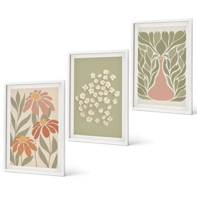 Coloray 3-Delige Schilderij Set - Bloemmotieven, Minimalistische Patronen, Boho-Stijl - 40 x 60 - Moderne Wanddecoratie - Woonkamer Witte lijst