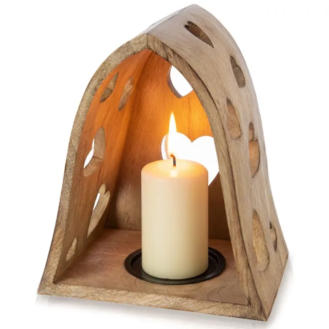 Orion Kandelaar - Mangohout - Met Hartvormige Openingen - Bruin - 21 x 14,5 x 23,5 cm