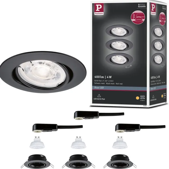 Paulmann LED-inbouwlamp Base GU10 Flat draaibaar 3x4W 3x400lm 230V 2700K Zwart mat