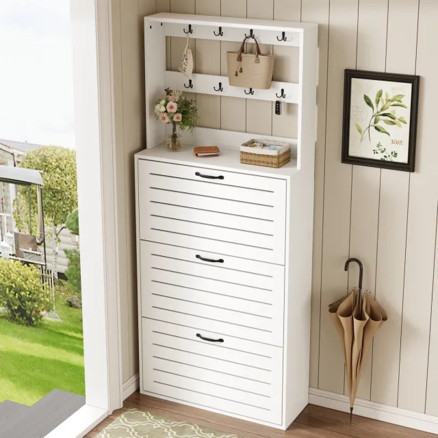 MEUNIQ Schoenenkast 70 x 25 x 165 cm met 3 deuren, 8 haken en schoenenopslag voor 10-15 paar, staande opbergkast voor hal, entree of slaapkamer, wit en zwart