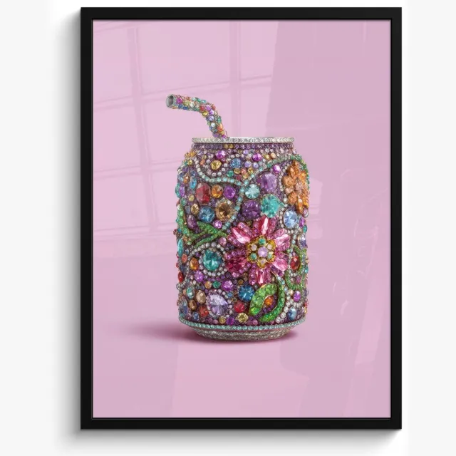 FrameYourWall Poster in lijst - Fotolijst 60x80 cm - Posters - Frisdrankblikje - Bloemenpatroon - Edelstenen - Kleurrijk - Posterlijst zwart - Decoratie - Wanddecoratie woonkamer - Muurdecoratie slaapkamer Frisdrankblikje - Edelstenen
