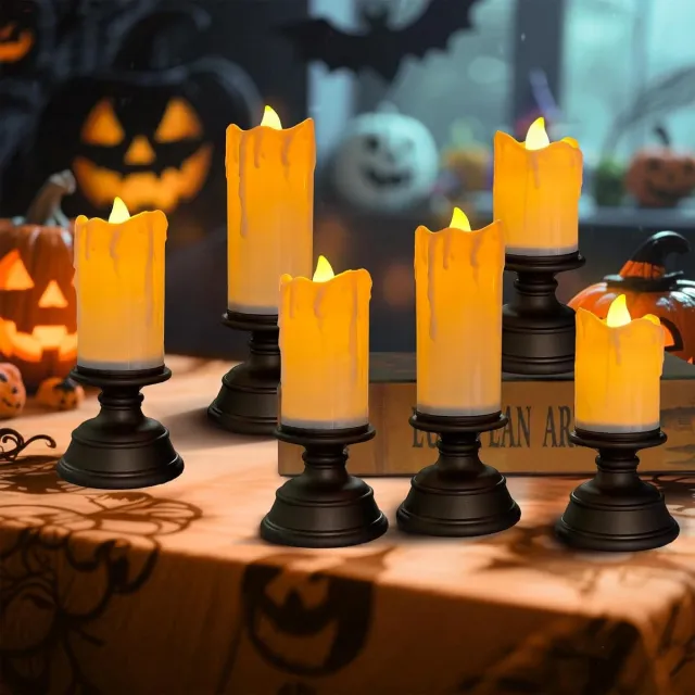 KZQ Vlamloze Led-Kaarsen Set van 6 met Realistisch Oranje Vlameffect - Waterdichte Tafel- en Buitendecoratie voor Halloween, Herfst en Kerst Wit