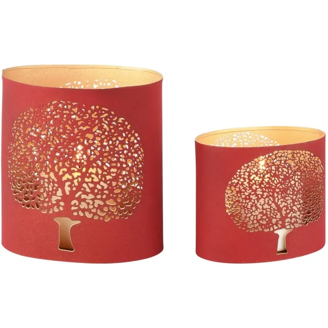 dekoratief Set 2 Waxinelichthouders 'Tree of Life', rood/goud, metaal, 15x10x15cm | A268079