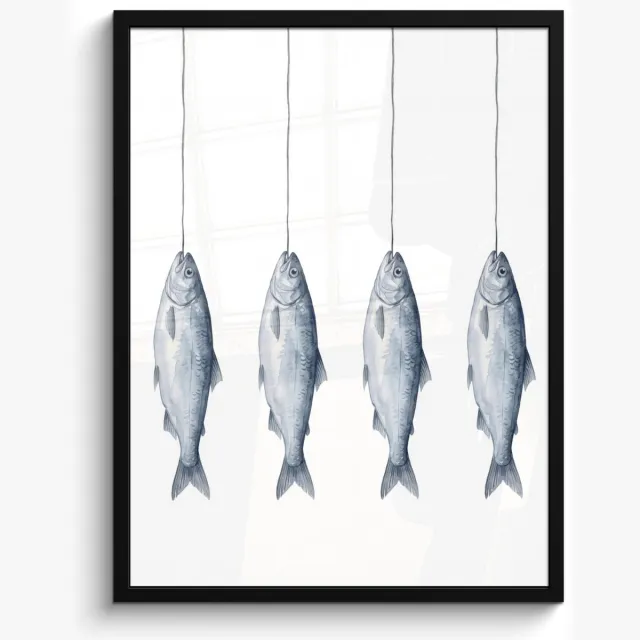 FrameYourWall Poster in lijst - Fotolijst 50x70 cm - Posters - Vissen - Illustratie - Delfts - Blauw - Posterlijst zwart - Decoratie - Wanddecoratie woonkamer - Muurdecoratie slaapkamer
