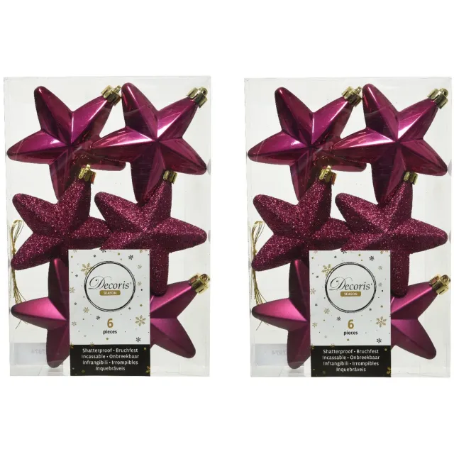 Decoris kersthanger sterren - 12x st - framboos roze - 7 cm - kunststof - kerstornamenten - kerstversiering