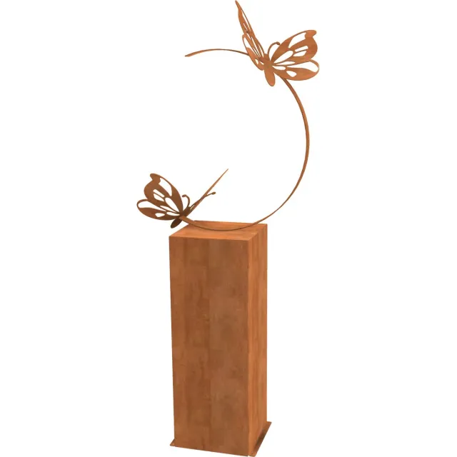 Industrial Garden Tuinornament Vlinders met ring op sokkel - Tuindecoratie - 32 cm breed - 13 cm hoog Roestig