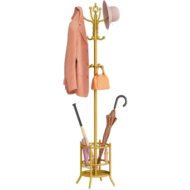PromoHome Lux Staande Kapstok met Parapluhouder - Donkerbruin Metaal - 12+4 Haken - Verstelbare Voetjes "Goud"