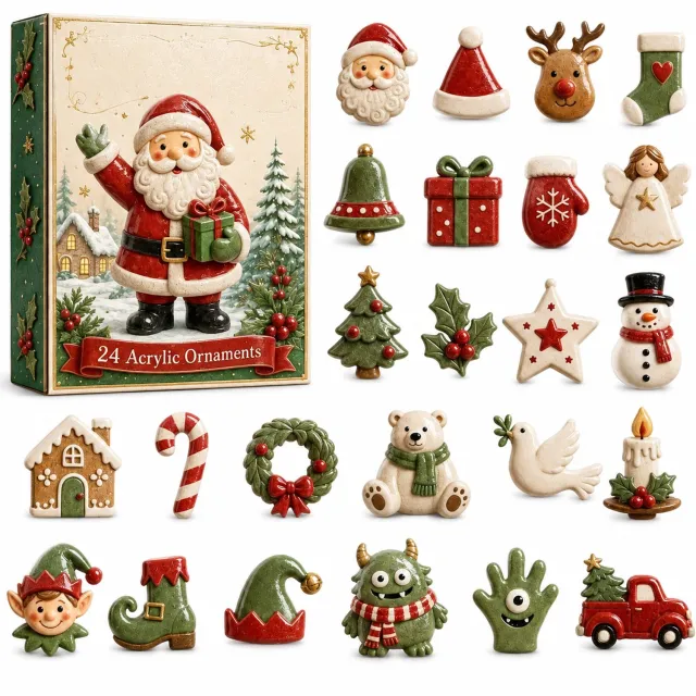 SWGOTA Adventskalender met 24 acryl kersthangers in diverse kerstvormen, in kerstdoos Rood