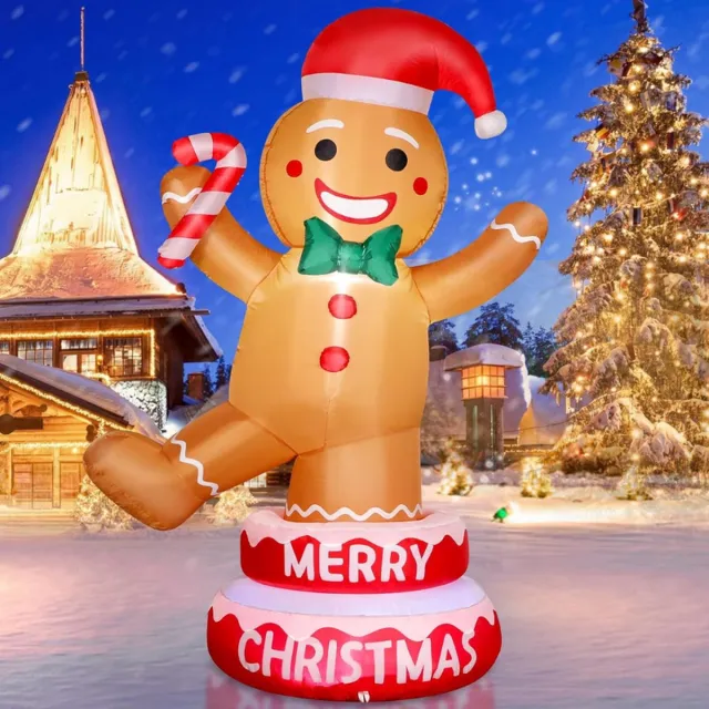 PEAM Feestelijke Gingerbread Man Tuindecoratie met Verlichting 152cm Opblaasbaar Kerstterrasfiguur met Zuurstok Weerbestendig Nieuwjaarsdecoratie Voor Binnen Buiten Gazon Tuin Feestwinkels Multi-coloured