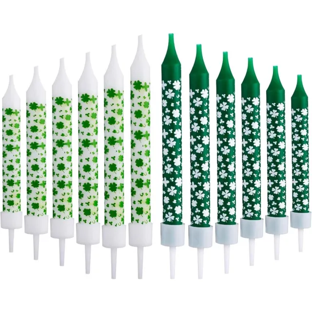 Jhubers goods St Patricks Kaarsen 12 Stuks - Groene Kandelaars - Klavertje Vier Decoratie - St. Patrick's Day Cadeau Feestdecoratie - Diner en Feest - Groen en Wit Any