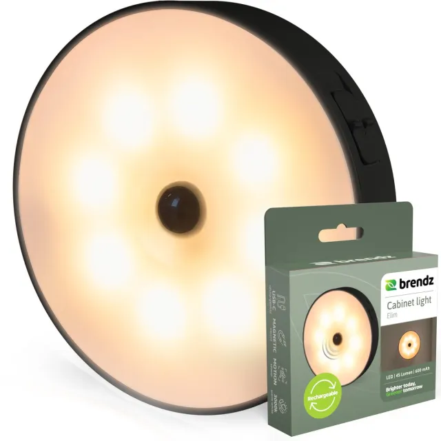 Brendz LED ronde Kastverlichting met Bewegingssensor, USB-C Oplaadbaar, Magnetisch, Warm wit 3000K, Trapverlichting draadloos, Nachtlampje, zwart Zwart Sensor