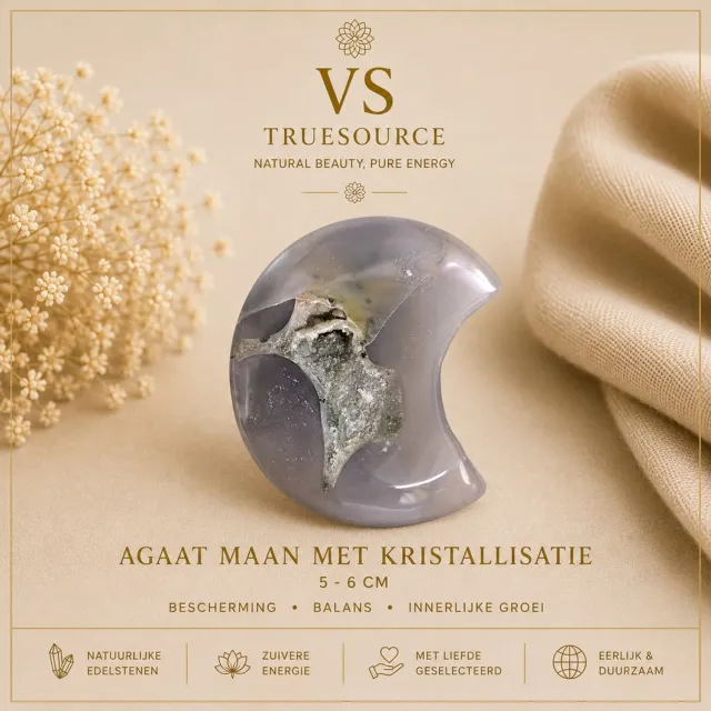 VS TrueSource Agaat Maan met Kristallisatie – Natuurlijke Edelsteen – Gepolijste Maanvorm – Uniek Decoratiestuk multi