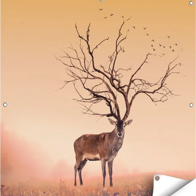 Gards Tuinposter Hert met een Bomen Gewei - 90x90 cm - Tuindoek - Tuindecoratie - Wanddecoratie buiten - Tuinschilderij Multikleur