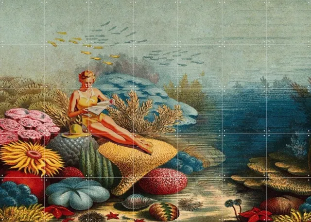 IXXI Beach Day, Extrovisions - 140 x 100 cm - Grote wanddecoratie en posters - Kleurrijk, Illustraties, Vintage, Speels, Surrealisme, Digitale Kunst Roze / Blauw / Groen
