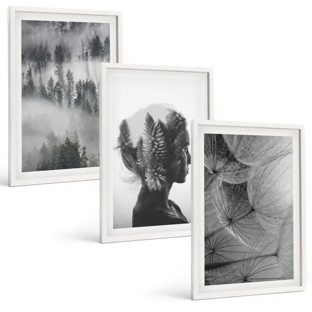 TULUP 3-Delige Schilderij Set - Bos in de mist: portret met bomen en een tere paardenbloem. - 40x60 - Decoratieve Schilderijen - Wanddecoratie - Hal - Moderne Wanddecoratie Witte lijst