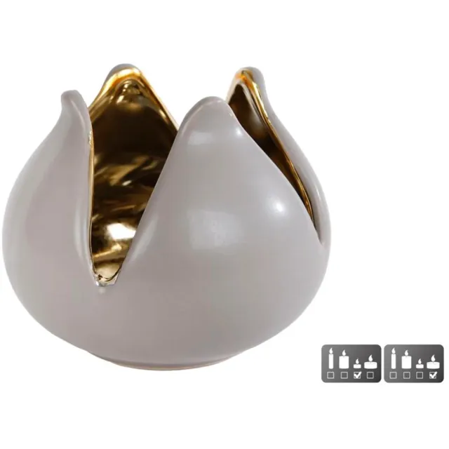 VAN MANEN Theelichthouder - 2 stuks - 7x10cm - taupe /goud - aardewerk - kerst Taupe / goud
